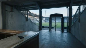 Daylit stadium turnstile overlooking an empty football pitch, with a small hardware wallet and plain coins on a nearby counter