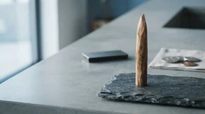 A tapered wooden stake in a slate display block, with a small hardware wallet on a distant counter