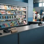 Arcade prize counter with glass shelves of soft toys and model cars, with a smartphone and card terminal on top