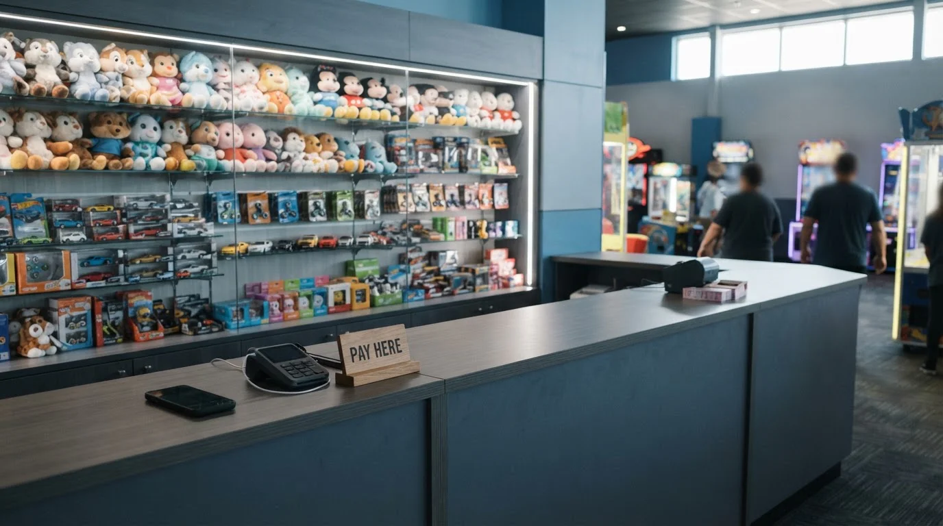 Arcade prize counter with glass shelves of soft toys and model cars, with a smartphone and card terminal on top