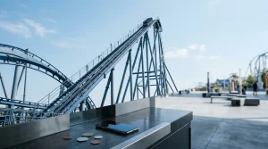 A steel roller coaster climbing a steep track, with a phone and unmarked coins at a nearby cashier counter