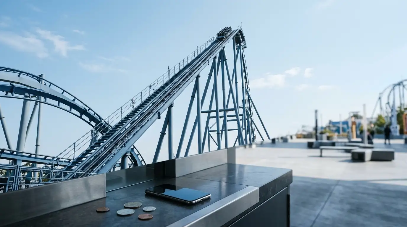 A steel roller coaster climbing a steep track, with a phone and unmarked coins at a nearby cashier counter