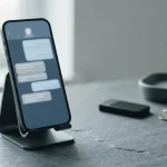 Smartphone with an indistinct messaging screen on a slate desk, with a hardware wallet and coins