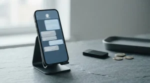 Smartphone with an indistinct messaging screen on a slate desk, with a hardware wallet and coins