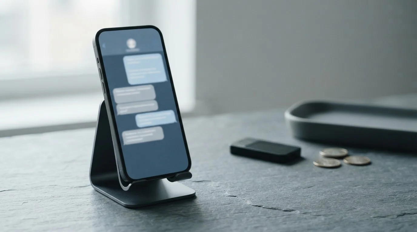 Smartphone with an indistinct messaging screen on a slate desk, with a hardware wallet and coins
