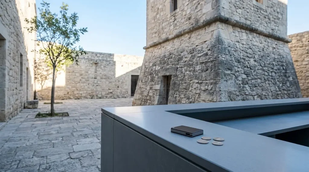 Weathered stone tower beside a modern cashier counter with a small hardware wallet in cool daylight
