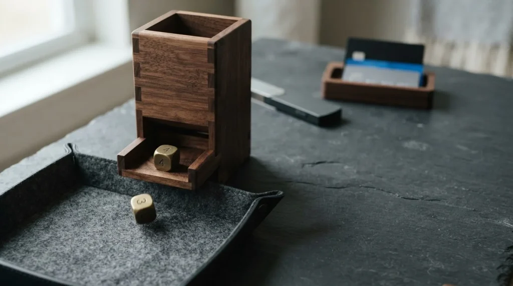 Wooden dice tower with two brass dice tumbling into a felt tray, with a hardware wallet and payment cards behind