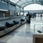 Plain suitcases on an airport baggage carousel, with a smartphone, hardware wallet and payment cards on an exchange counter