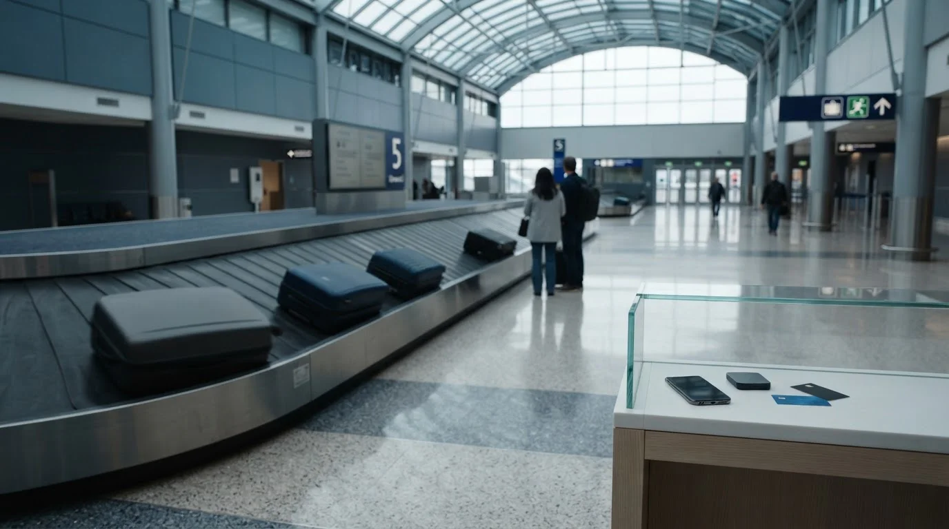 Plain suitcases on an airport baggage carousel, with a smartphone, hardware wallet and payment cards on an exchange counter