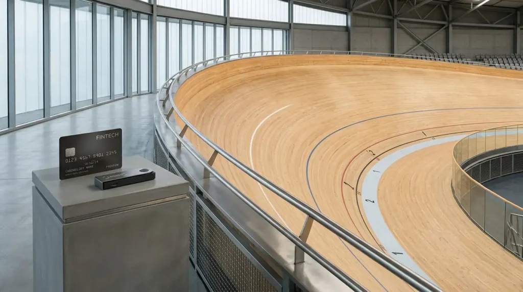 Curving indoor cycling velodrome with a payment counter and unmarked cards softly visible in the distance