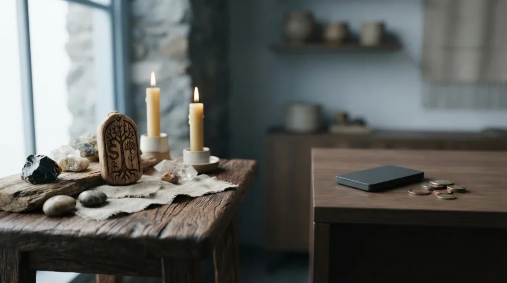 An atmospheric ritual table with unmarked carved objects, a plain hardware wallet and coins in a cool daylight setting