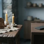 An atmospheric ritual table with unmarked carved objects, a plain hardware wallet and coins in a cool daylight setting