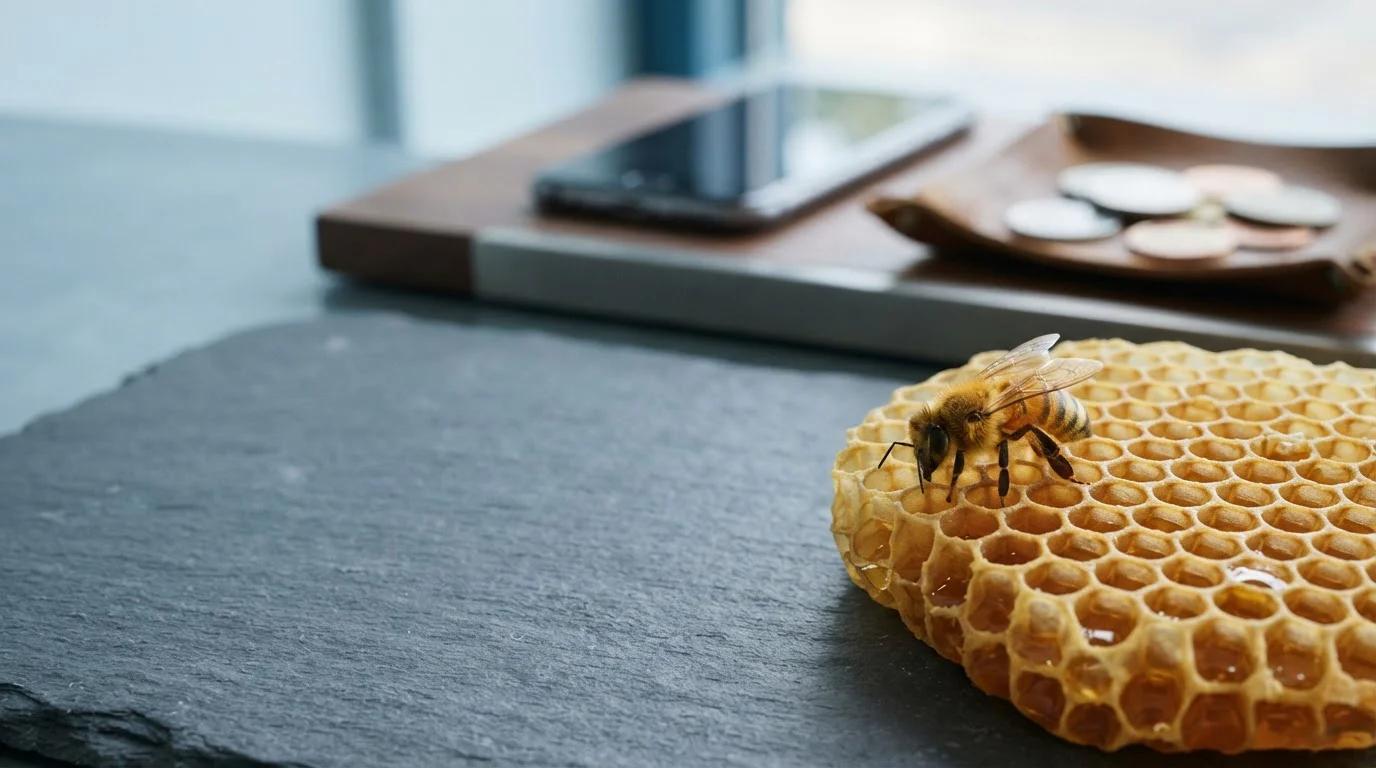 Golden honeybee on natural honeycomb on a slate tabletop, with a smartphone and plain coins on a payment counter