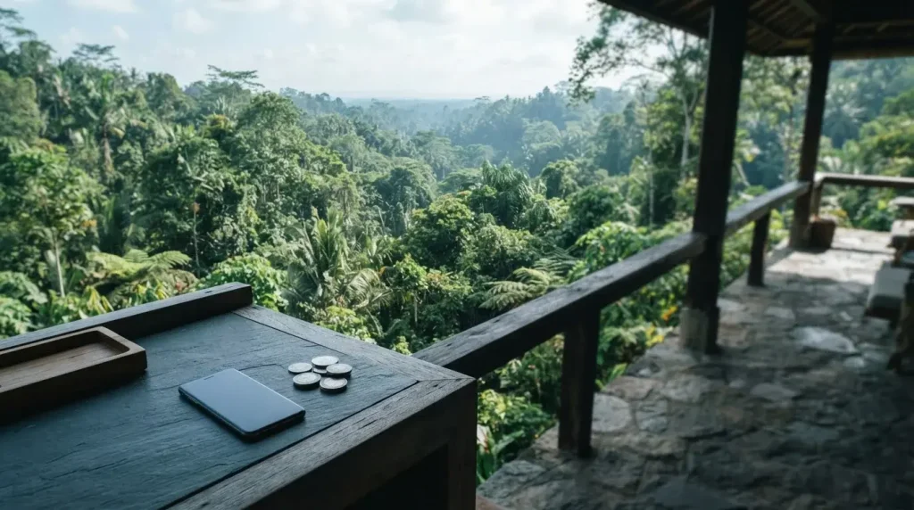 Sunlit tropical jungle canopy with dense foliage, a discreet phone and metal coins on a stone counter in the foreground