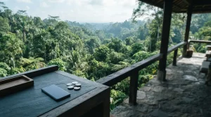 Sunlit tropical jungle canopy with dense foliage, a discreet phone and metal coins on a stone counter in the foreground