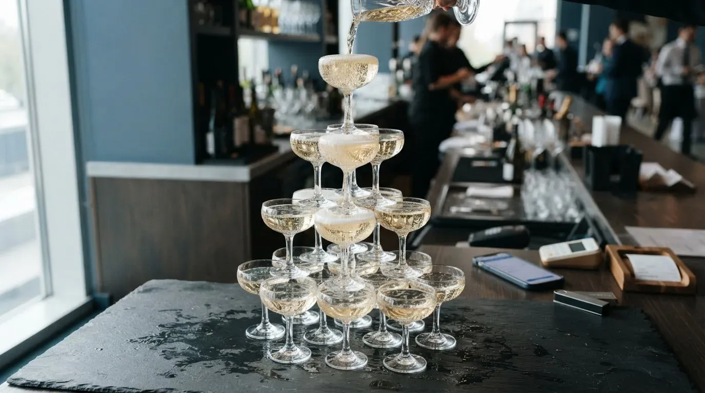 Champagne tower of coupe glasses with golden wine cascading down, with a smartphone and hardware wallet on a cashier counter