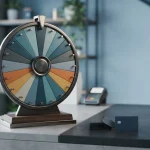 Unbranded prize wheel with metallic pegs and coloured segments, with a hardware wallet and payment card on a cashier counter