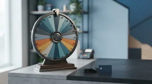 Unbranded prize wheel with metallic pegs and coloured segments, with a hardware wallet and payment card on a cashier counter