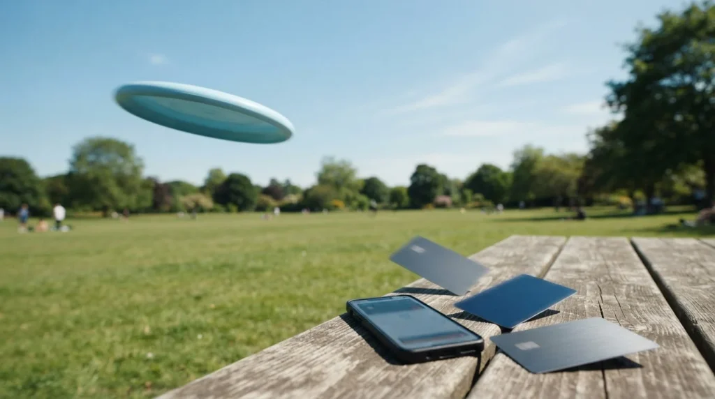 Pale blue flying disc mid-flight over a park lawn, with a smartphone and payment cards on a picnic table