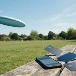 Pale blue flying disc mid-flight over a park lawn, with a smartphone and payment cards on a picnic table